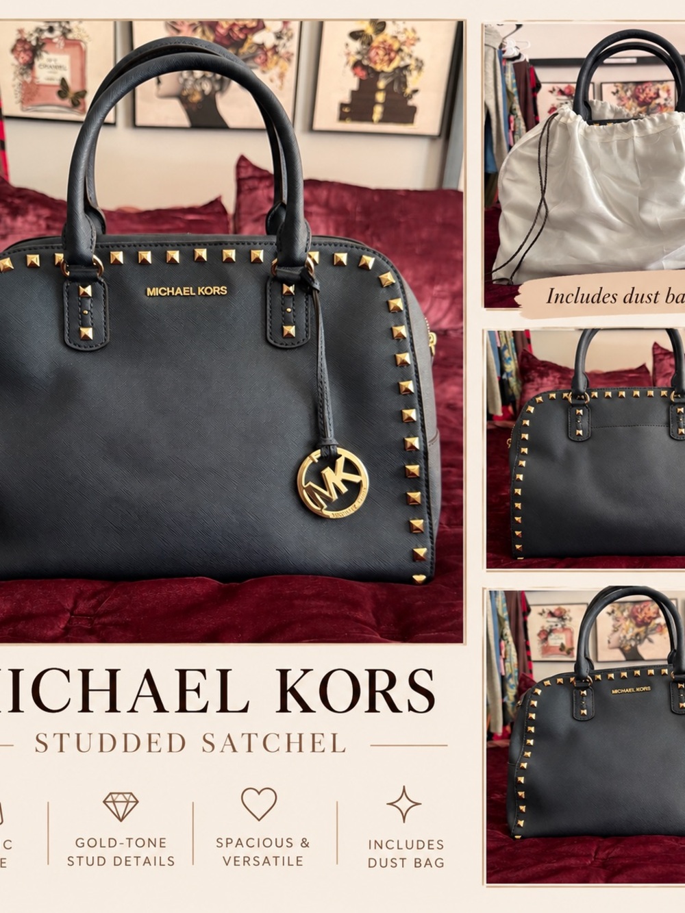 Michael Kors Black Satchel with Gold Stud Accents